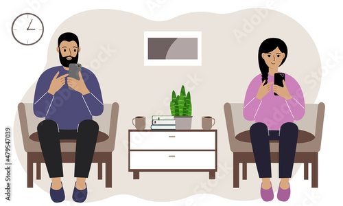 Family spending time together at home, husband and wife are relaxing in the living room, using a smartphone. Family evening routine trendy flat vector