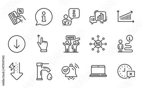 Technology icons set. Included icon as Touchscreen gesture, Tap water, Time signs. Graph chart, Credit card, Notebook symbols. Chart, 5g technology, Notification received. Energy drops. Vector