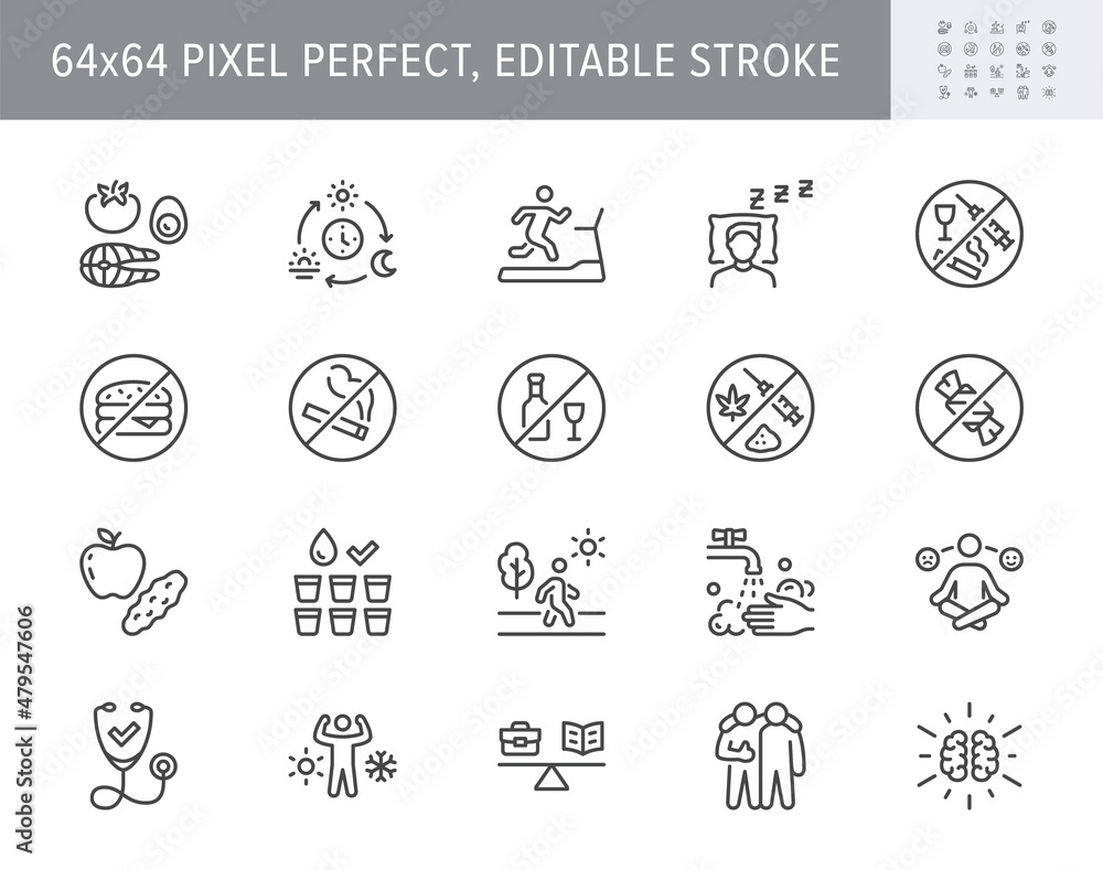 Fototapeta premium Healthy lifestyle line icons. Vector illustration include icon - fitness, yoga, walking man, hygiene, meditation, hardening outline pictogram for sport lifestyle. 64x64 Pixel Perfect, Editable Stroke
