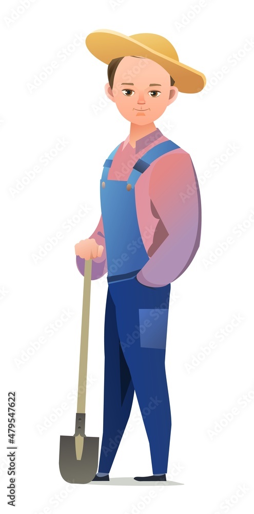 Little boy villager farmer in overalls. Teen is an agricultural worker. Cheerful person Standing pose. Cartoon comic style design. Single character. Illustration isolated on white background. Vector Little boy villager farmer in overalls. Teen is an agricultural worker. Cheerful person Standing pose. Cartoon comic style design. Single character. Illustration isolated on white background. Vector