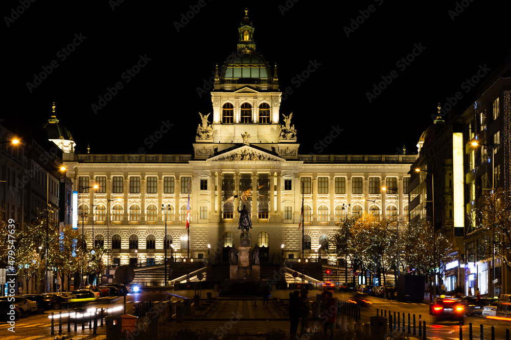 Prague at night, National Museum illuminated by lights, cityscape