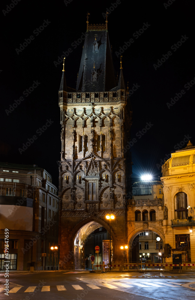 Prague at night, Powder gate lit with lights, cityscape