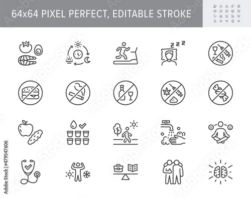 Healthy lifestyle line icons. Vector illustration include icon - fitness, yoga, walking man, hygiene, meditation, hardening outline pictogram for sport lifestyle. 64x64 Pixel Perfect, Editable Stroke