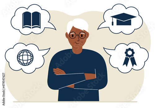 Happy granddad with thoughts about learning. Internet profession, higher education, stock exchange, financial literacy. Various icons about education.