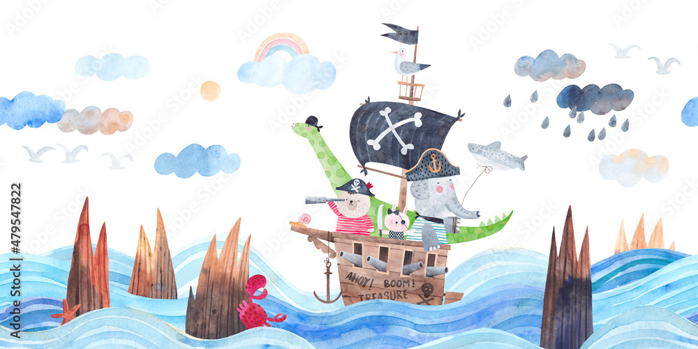 Obraz premium Pirate ship on the waves among the rocks. Reefs in the sea. Watercolor poster. Illustration of a pirate ship with cute animal travelers. Friends pirates on a sea adventure.