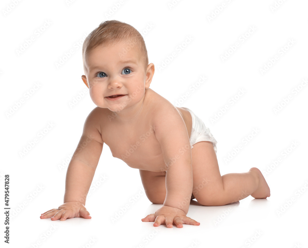 Cute little baby in diaper crawling on white background Cute little baby in diaper crawling on white background