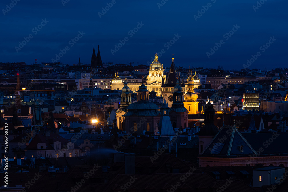 Prague in the evening, National Museum illuminated by lights, cityscape