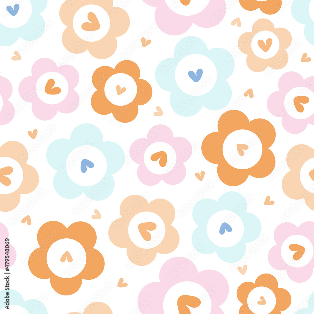 seamless kids pattern background with pastel cute hand draw flower and hearts seamless kids pattern background with pastel cute hand draw flower and hearts