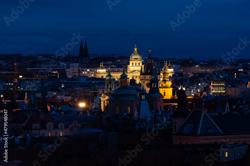 Prague in the evening, National Museum illuminated by lights, cityscape