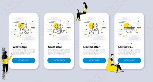 Set of Healthcare icons, such as Health eye, Electronic thermometer, Nurse icons. UI phone app screens with people. Hand sanitizer line symbols. Optometry, Temperature scan, Medicine pill. Vector