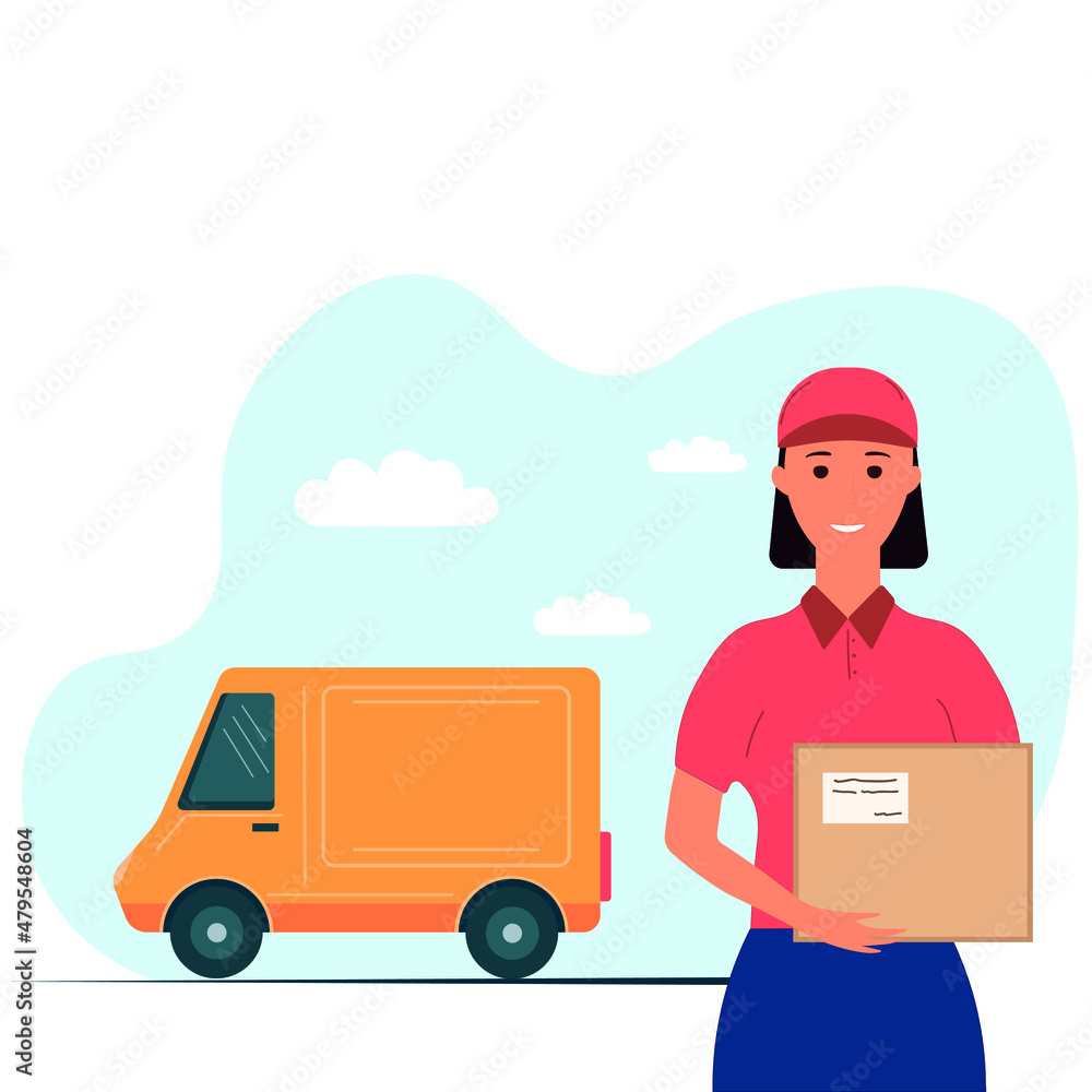 Vector illustration of the concept of online delivery service. Truck and courier. Concept of food delivery. Vector illustration of the concept of online delivery service. Truck and courier. Concept of food delivery.