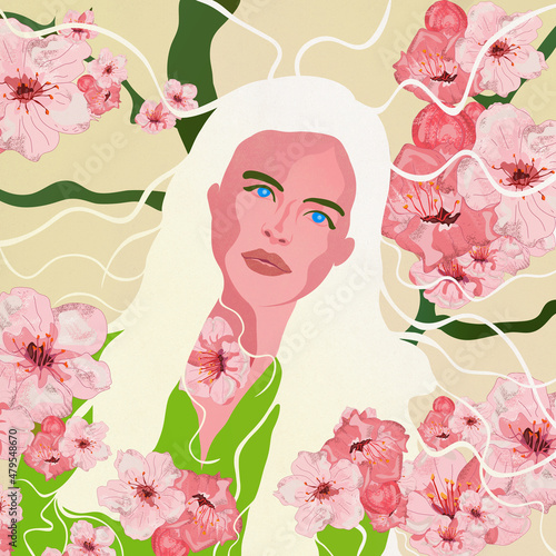 Fototapeta Naklejka Na Ścianę i Meble -  Ilustracja portret młoda dziewczyna z białymi włosami wśród różowych kwiatów
