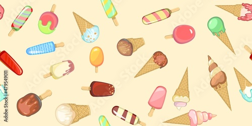 Ice cream pattern seamless. Background illustration. Yellow Wallpaper print. In waffle glasses and cones. Popsicle on sticks. Summer food sweet dessert. Flat design. Vector.