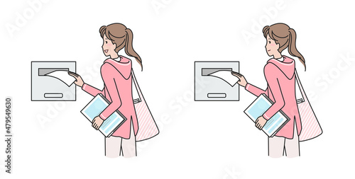 ポスティングをする若い女性　春
