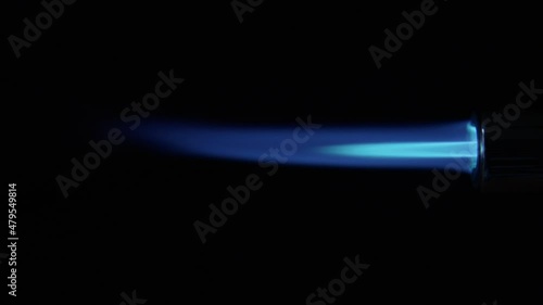 Butane Gas Flame switched on and off from nozzle against black from a butane torch burner in 50 FPS. Element for VFX and Compositing, e.g. as rocket propulsion, spaceship drive or welding flame