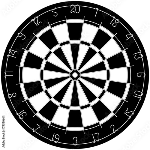 Dartscheibe oder Dartboard vektor auf isolierten weissen Hintergrund.
Dart Board als Schwarz Weiss Illustration. Zahlen im Draht design.