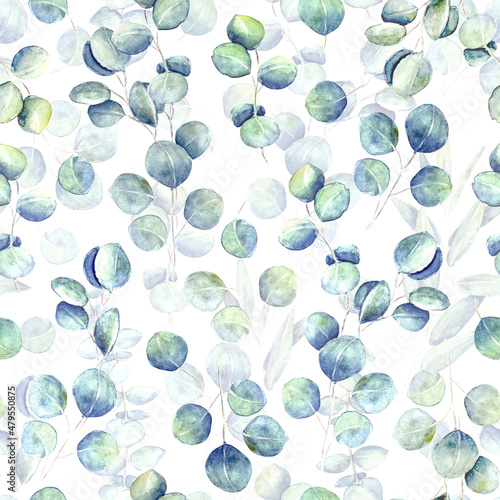 Fotografie Seamless background with watercolor eucalyptus branches and leaves