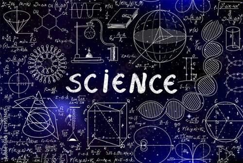 Decorative scientific vector seamless pattern with math figures and equations and the word "Science"