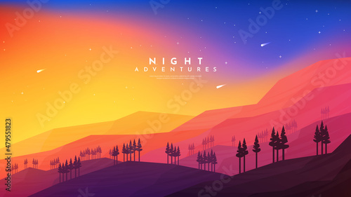 Vector illustration. Minimalist polygonal design. Nature landscape background. Panoramic view. Design element for web banner, website template. Cartoon flat style. Colorful sunset. Forest and mountain