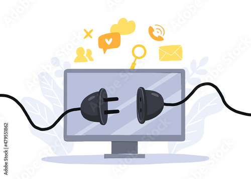Digital detox, monitor screen with unplagged socket. Freedom from smartphones, social media and internet. Disconnect offline devices