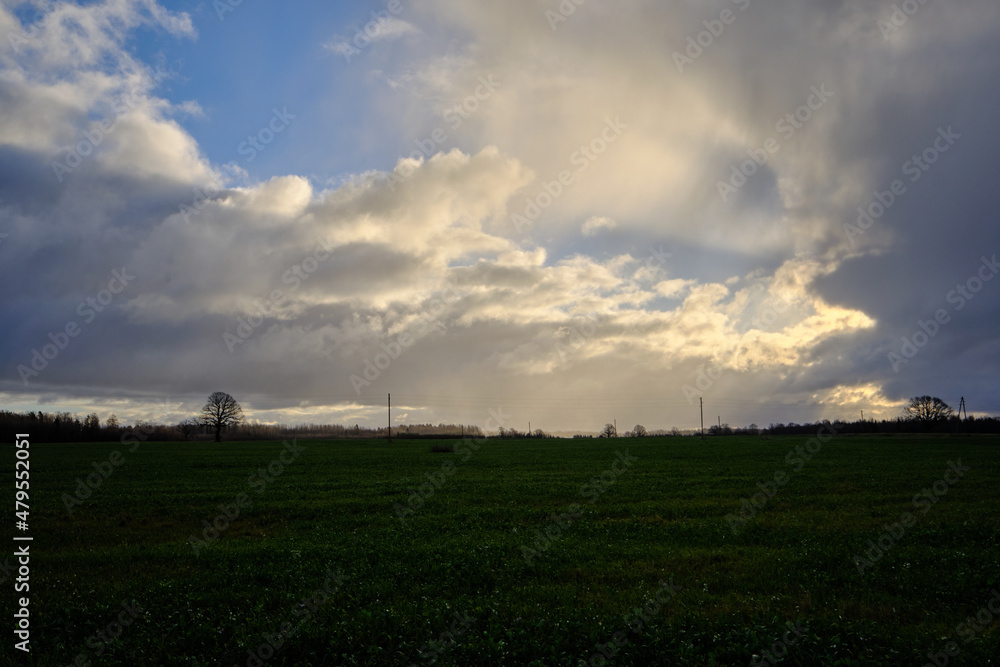green rural farming field land with clouds in the sky green rural farming field land with clouds in the sky