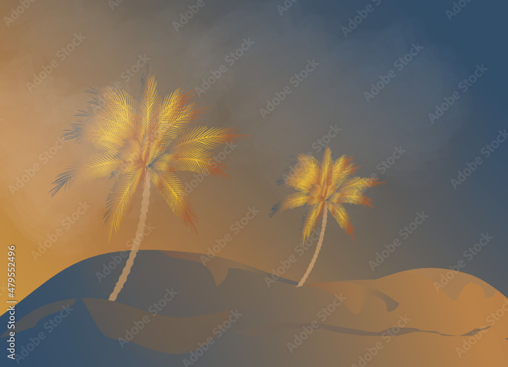 A view of the Desert in autumn, sand dunes filling the horizon, palm trees swaying in the wind.