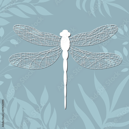 dragonfly white silhouette, doodle design on floral background