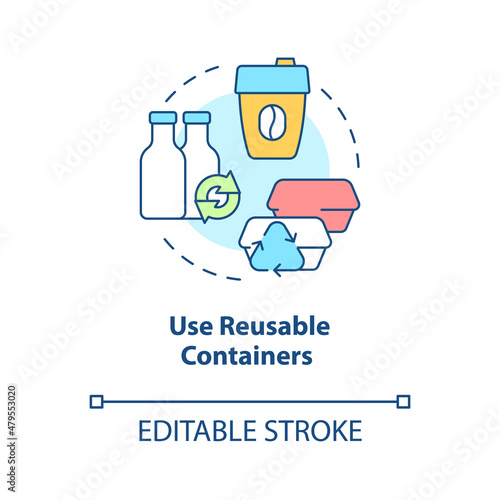 Use reusable containers concept icon. Bottles and cups. Minimize waste abstract idea thin line illustration. Isolated outline drawing. Editable stroke. Roboto-Medium, Myriad Pro-Bold fonts used