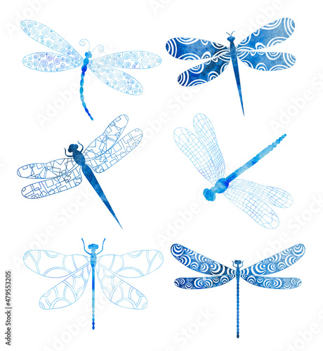 dragonfly set watercolor silhouette, set, isolated