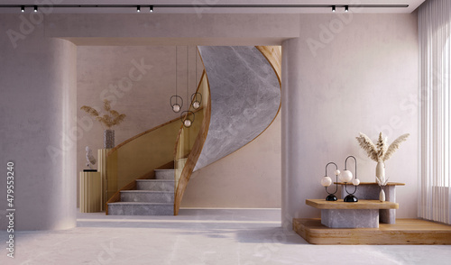 3d rendering,3d illustration, Interior Scene and  Mockup,The corner of the stairs in modern style is decorated with mirrors, tea gold, gray marble and natural wood.