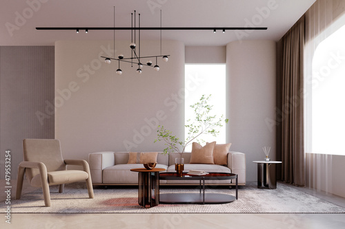 3d rendering,3d illustration, Interior Scene and  Mockup,Modern style living room with beige sofa, shiny brown center table.