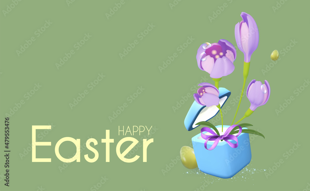 Easter poster template with flowers, eggs and gift box. Holiday design.