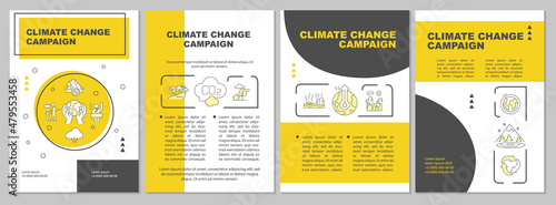 Climate change campaign yellow brochure template. Prevent warming. Booklet print design with linear icons. Vector layouts for presentation, annual reports, ads. Arial, Myriad Pro-Regular fonts used