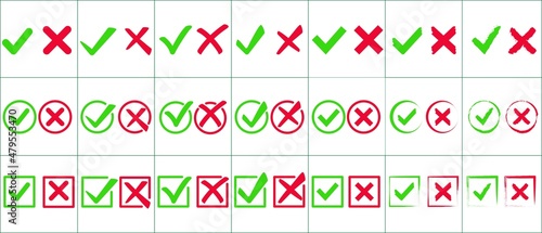 Set of checkmark and cross icons. The texture of circles and squares. Quality control, a checklist of signs, an approval and denial icon. For banners, posters, landing pages of websites. Vector