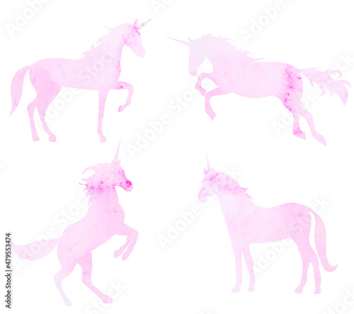 unicorn pink watercolor silhouette set  isolated