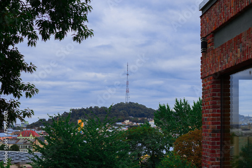 outskirts landmark hill with TV tower on it moody urban view, foreground frame foliage tree and brick building corner, cloudy sky background
