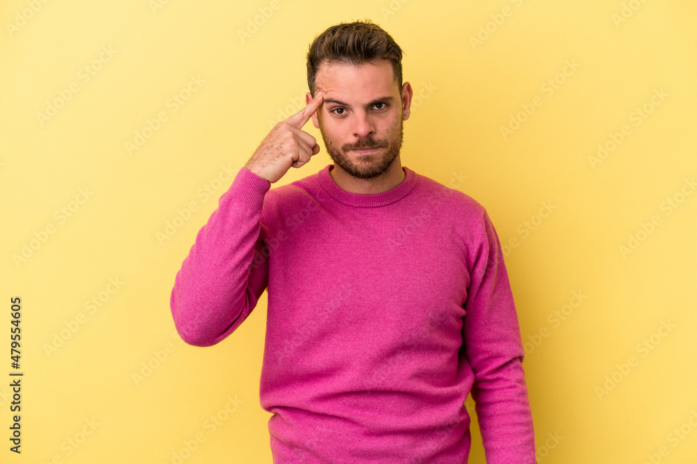 Obraz premium Young caucasian man isolated on yellow background pointing temple with finger, thinking, focused on a task.