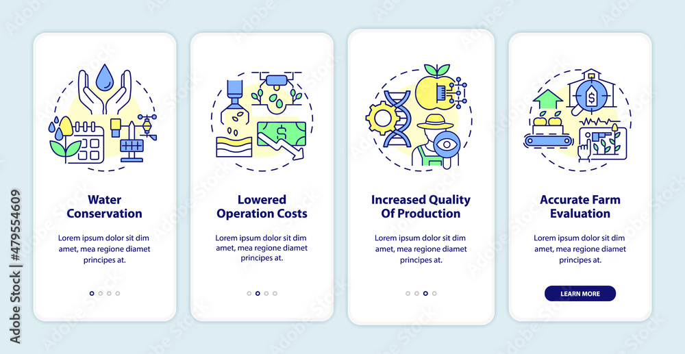 Smart farming benefits onboarding mobile app screen. Water conservation walkthrough 4 steps graphic instructions pages with linear concepts. UI, UX, GUI template. Myriad Pro-Bold, Regular fonts used Smart farming benefits onboarding mobile app screen. Water conservation walkthrough 4 steps graphic instructions pages with linear concepts. UI, UX, GUI template. Myriad Pro-Bold, Regular fonts used