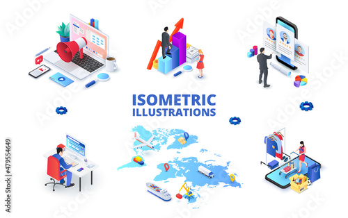 Set of light isometric illustrations. Global delivery, online shopping, invesment and workspace