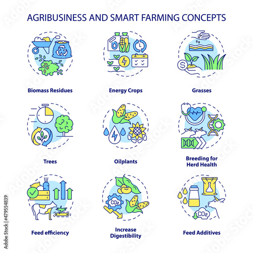 Agribusiness and smart farming concept icons set. Feed efficiency and additive idea thin line color illustrations. Isolated outline drawings. Editable stroke. Roboto-Medium, Myriad Pro-Bold fonts used