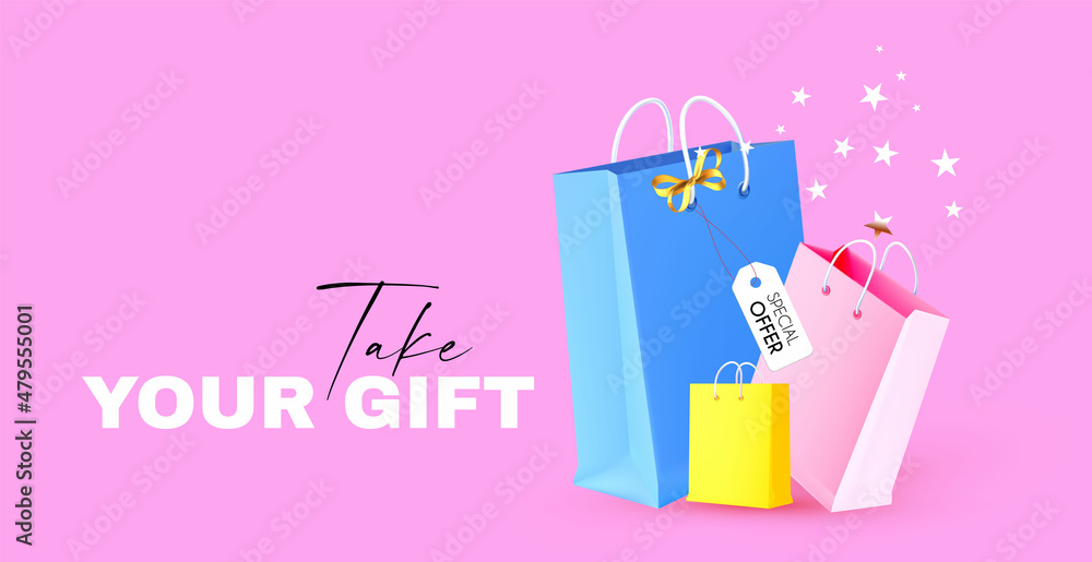 Take your gift. Sale banner with gift bags and stars. Take your gift. Sale banner with gift bags and stars.