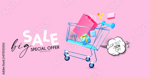 Big sale banner with realistic metal shopping trolley cart with gift box and bags and flying coins. Fast delivery.