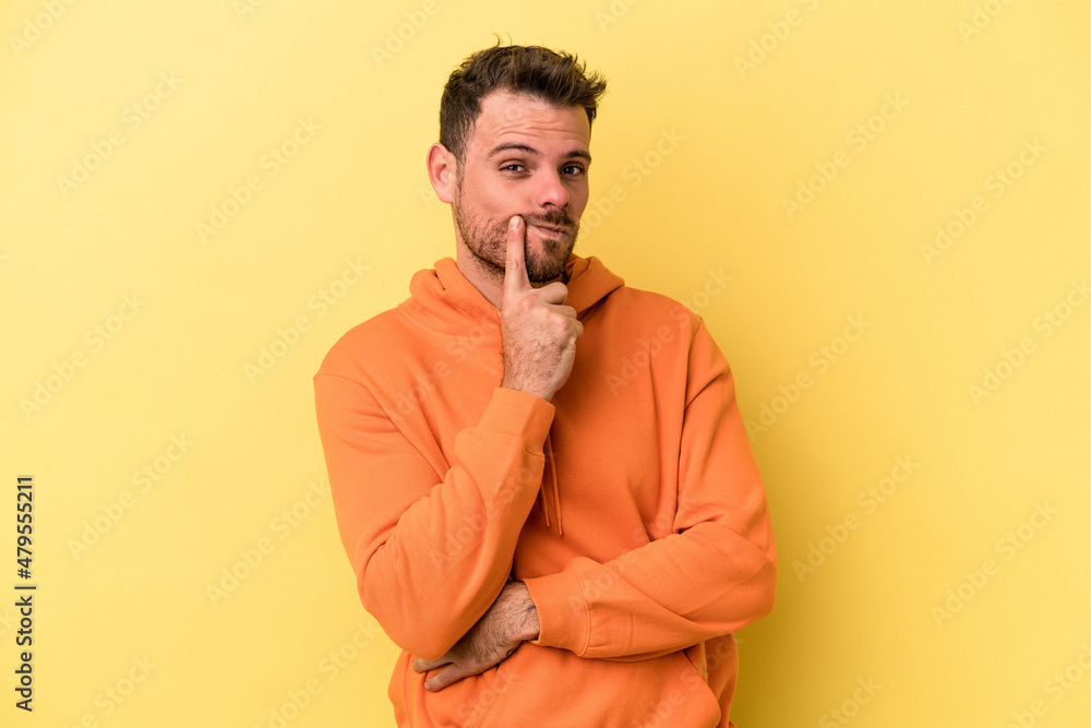 Young caucasian man isolated on yellow background contemplating, planning a strategy, thinking about the way of a business. Young caucasian man isolated on yellow background contemplating, planning a strategy, thinking about the way of a business.