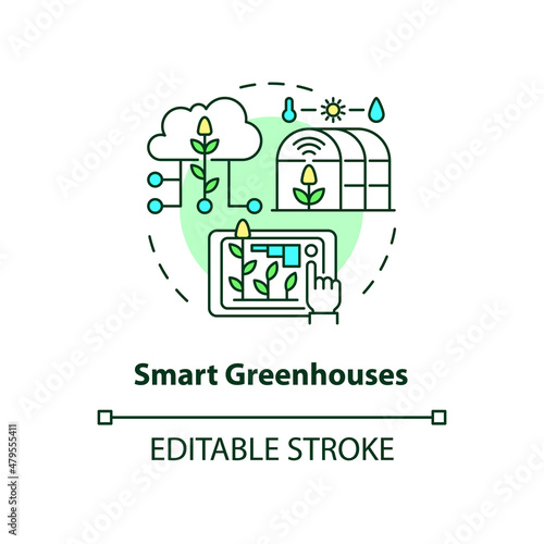 Smart greenhouses concept icon. IoT agriculture abstract idea thin line illustration. Growing process automation. Isolated outline drawing. Editable stroke. Roboto-Medium, Myriad Pro-Bold fonts used