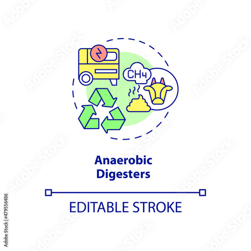 Anaerobic digesters concept icon. Livestock greenhouse gases reduction abstract idea thin line illustration. Isolated outline drawing. Editable stroke. Roboto-Medium, Myriad Pro-Bold fonts used