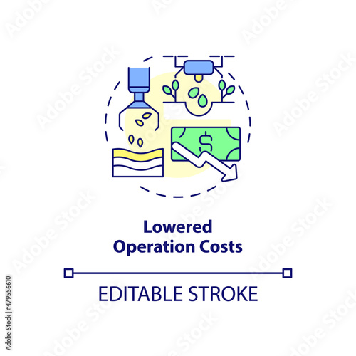 Lowered operation costs concept icon. Smart farming advantage abstract idea thin line illustration. Isolated outline drawing. Editable stroke. Roboto-Medium, Myriad Pro-Bold fonts used