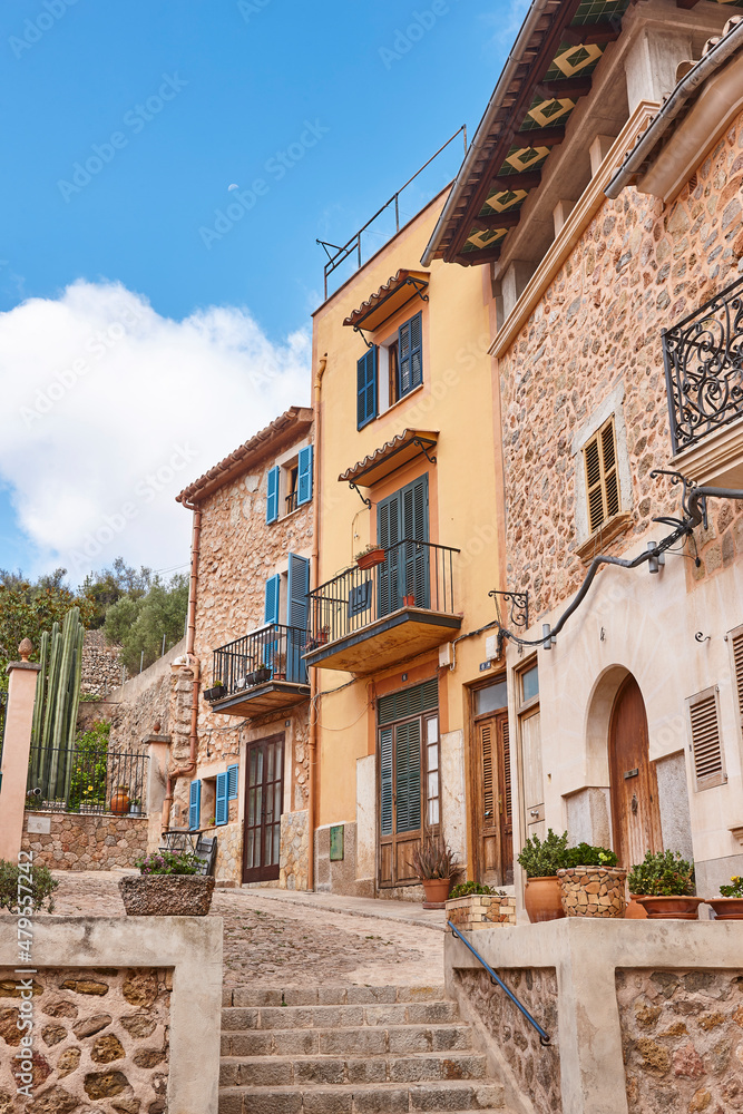 Picturesque stepped stone street in Mallorca island. Bunyola village. Spain