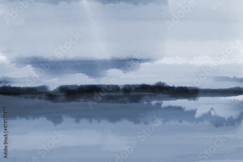 Abstract painting. Watercolor texture in monochrome blue . Modern art landscape. Painted background, concept of sky, water, beach, lake.