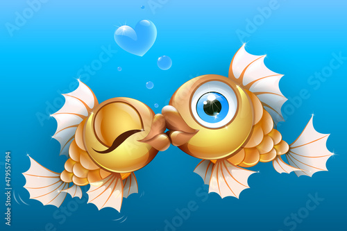 Couple cartoon gold fishes kiss with heart bubbles. Valentine's day card.