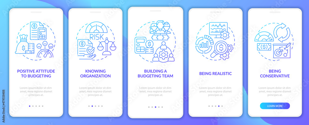 Budgeting blue gradient onboarding mobile app screen. Financial plan walkthrough 5 steps graphic instructions pages with linear concepts. UI, UX, GUI template. Myriad Pro-Bold, Regular fonts used